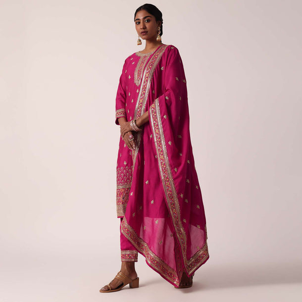 Pink Chanderi Pant Set With Embroidered Kurta