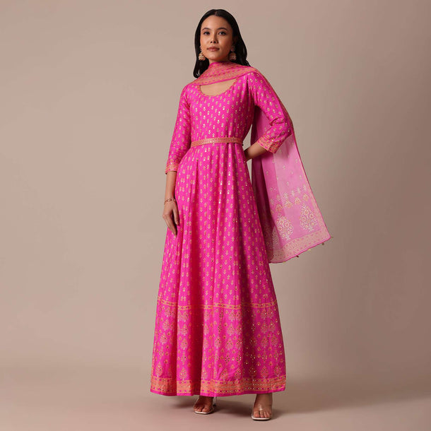 Pink Chanderi Printed Anarkali Set With Belt