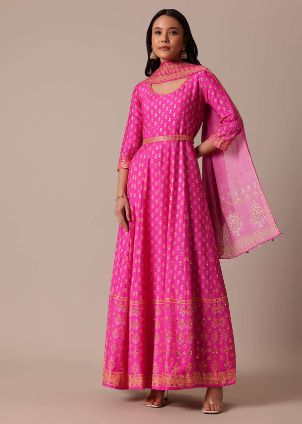 Pink Chanderi Printed Anarkali Set With Belt