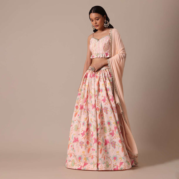 Pink Chanderi Printed Lehenga Set