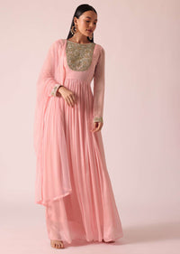 Pink Chiffon Anarkali And Dupatta With Mirror Work