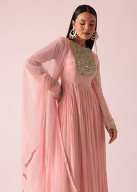 Pink Chiffon Anarkali And Dupatta With Mirror Work