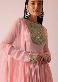 Pink Chiffon Anarkali And Dupatta With Mirror Work