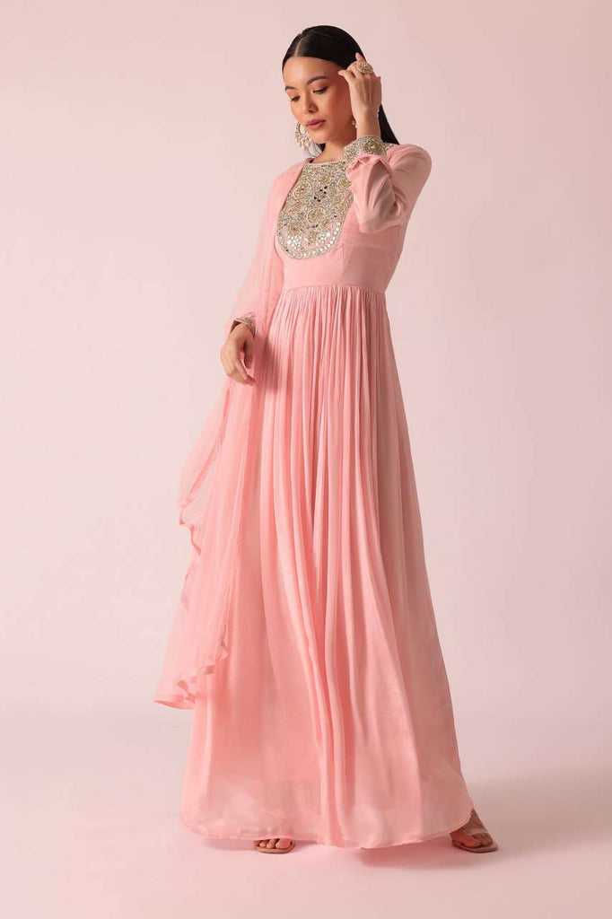 Pink Chiffon Anarkali And Dupatta With Mirror Work