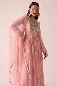 Pink Chiffon Anarkali And Dupatta With Mirror Work