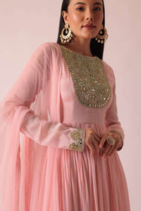 Pink Chiffon Anarkali And Dupatta With Mirror Work