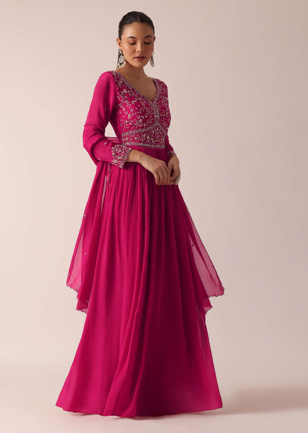 Pink Chiffon Anarkali Set With Sequin Embellishments