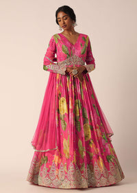 Pink Chiffon Anarkali Set With Embroidered Detail