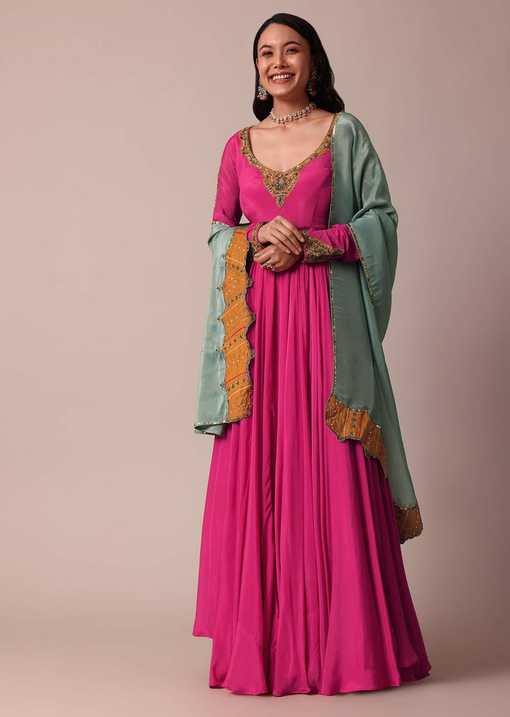 Pink Chiffon Anarkali With Dupatta