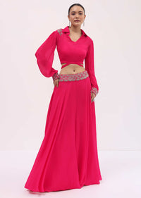 Pink Chiffon Crop Top And Skirt