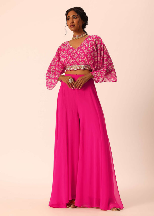 Pink Chiffon Fusion Palazzo Set With Mirror Work