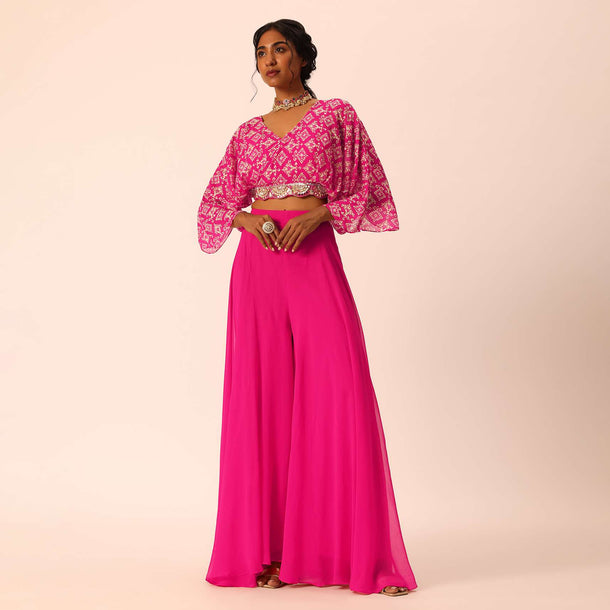 Pink Chiffon Fusion Palazzo Set With Mirror Work