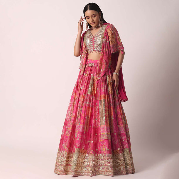 Pink Chiffon Lehenga Set With Gota Work