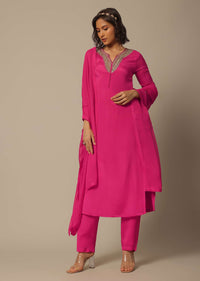 Pink Chiffon Pant Set With Organza Dupatta