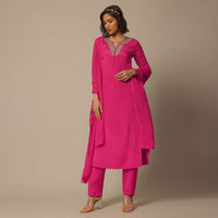 Pink Chiffon Pant Set With Organza Dupatta