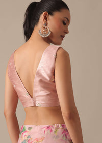 Pink Chiffon Saree With Floral Prints And Unstitched Blouse Piece