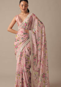 Pink Chiffon Saree With Floral Prints And Unstitched Blouse Piece