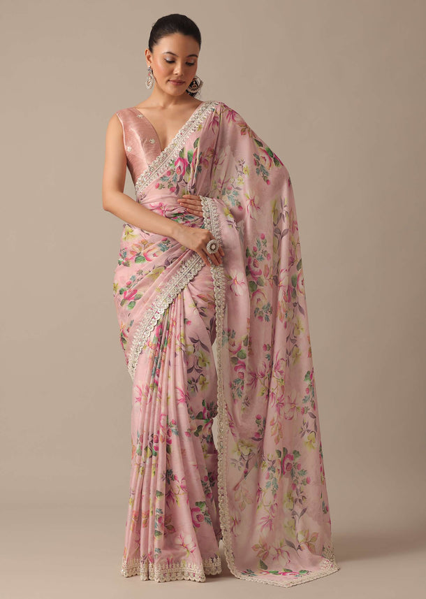 Pink Chiffon Saree With Floral Prints And Unstitched Blouse Piece