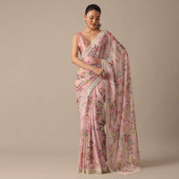 Pink Chiffon Saree With Floral Prints And Unstitched Blouse Piece