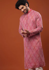 Pink Chinon Silk Thread Embroidered Kurta Set