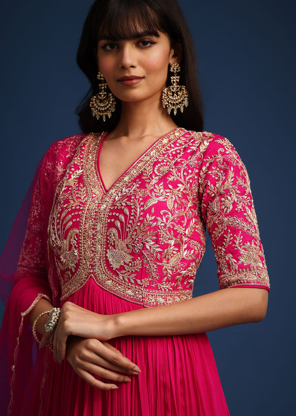 Pink Chinon Zardozi Work Anarkali With Net Dupatta