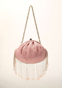 Pink Clutch In Crushed Sequins Fabric With Cut Dana Fringes On The Edges