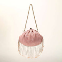 Pink Clutch In Crushed Sequins Fabric With Cut Dana Fringes On The Edges