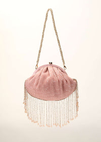 Pink Clutch In Crushed Sequins Fabric With Cut Dana Fringes On The Edges