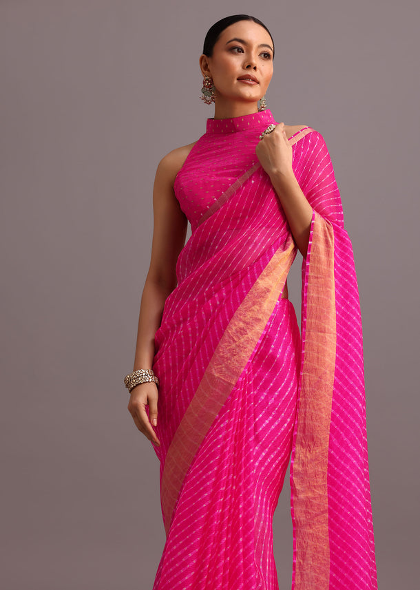 Pink Cotton Kota Leheriya Zari Work Woven Saree With Unstitched Blouse