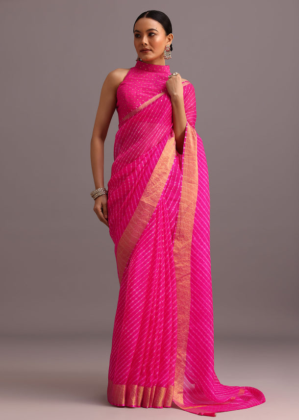Pink Cotton Kota Leheriya Zari Work Woven Saree With Unstitched Blouse