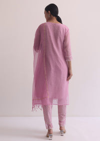 Pink Cotton Kurti Pant Set With Resham And Prints