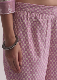 Pink Cotton Kurti Pant Set With Resham And Prints