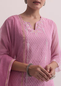 Pink Cotton Kurti Pant Set With Resham And Prints