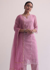 Pink Cotton Kurti Pant Set With Resham And Prints