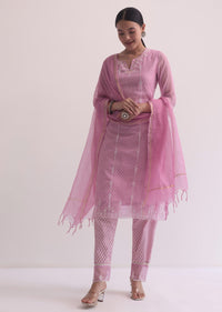 Pink Cotton Kurti Pant Set With Resham And Prints