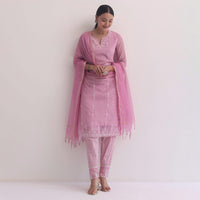Pink Cotton Kurti Pant Set With Resham And Prints