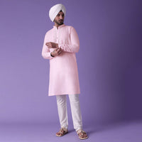 Pink Cotton Silk Embellished Kurta In Leather Embroidery