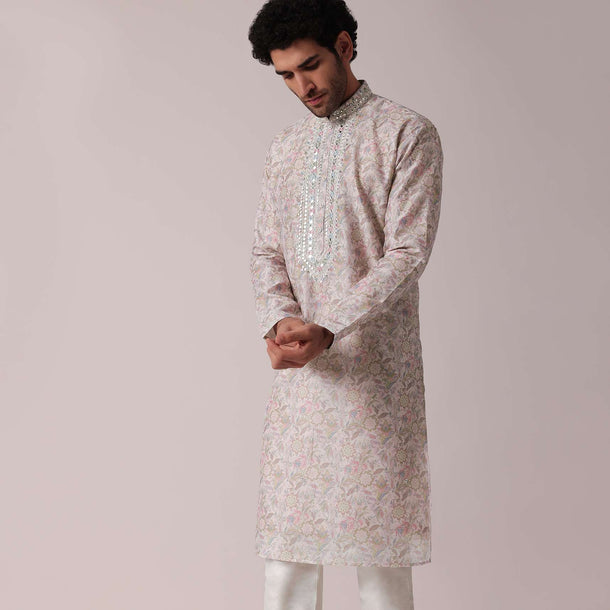 Pink Cotton Silk Festive Kurta Set For Men