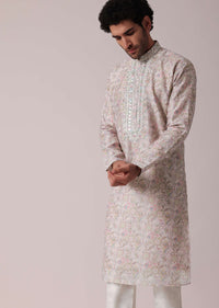 Pink Cotton Silk Festive Kurta Set For Men