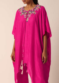 Pink Cotton Silk Kaftan Kurta Set With Sequin Work