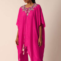 Pink Cotton Silk Kaftan Kurta Set With Sequin Work