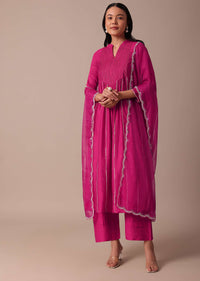 Pink Cotton Silk Pant Set With Embroidered Kurta