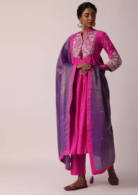 Pink Cotton Silk Pant Set With Pearl Work Kurta