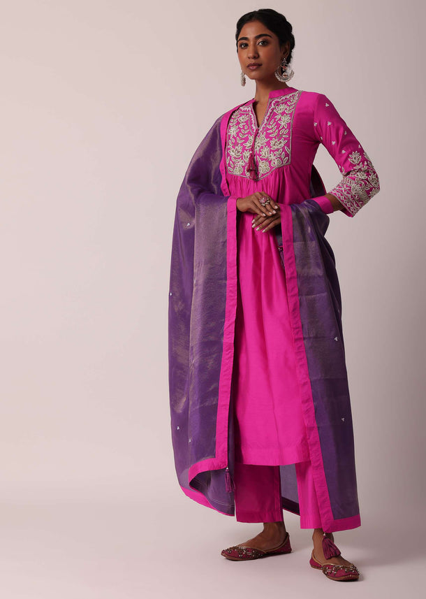 Pink Cotton Silk Pant Set With Pearl Work Kurta