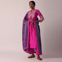 Pink Cotton Silk Pant Set With Pearl Work Kurta