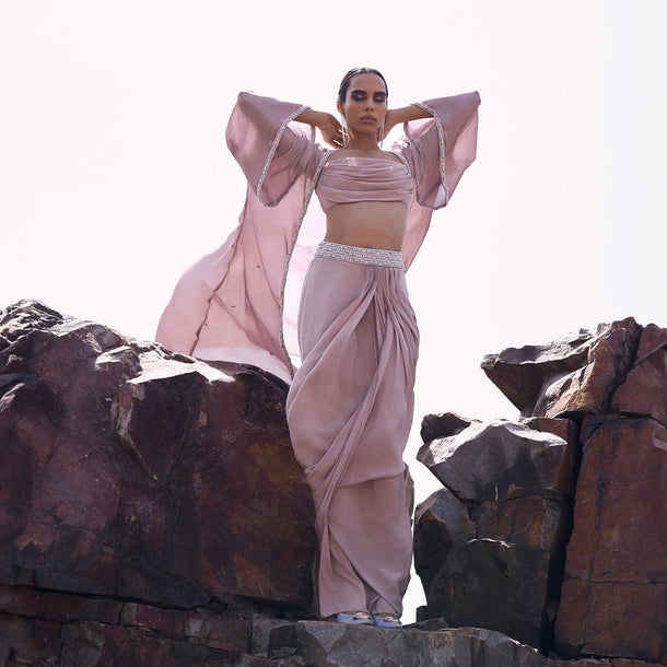 Pink Cowl Blouse With Draped Skirt And Jacket