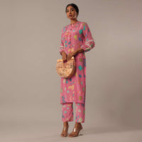 Pink Crepe Printed Kurta And Pant Set With Shirt Collar