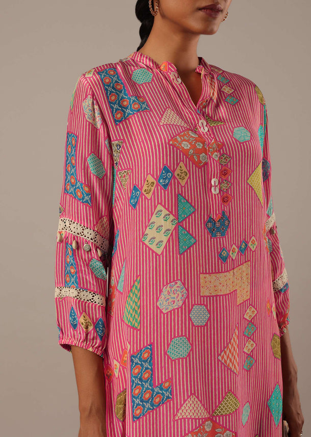 Pink Crepe Printed Kurta And Pant Set With Shirt Collar