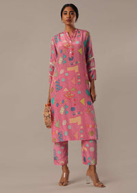 Pink Crepe Printed Kurta And Pant Set With Shirt Collar