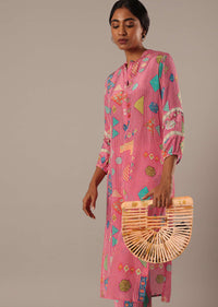 Pink Crepe Printed Kurta And Pant Set With Shirt Collar